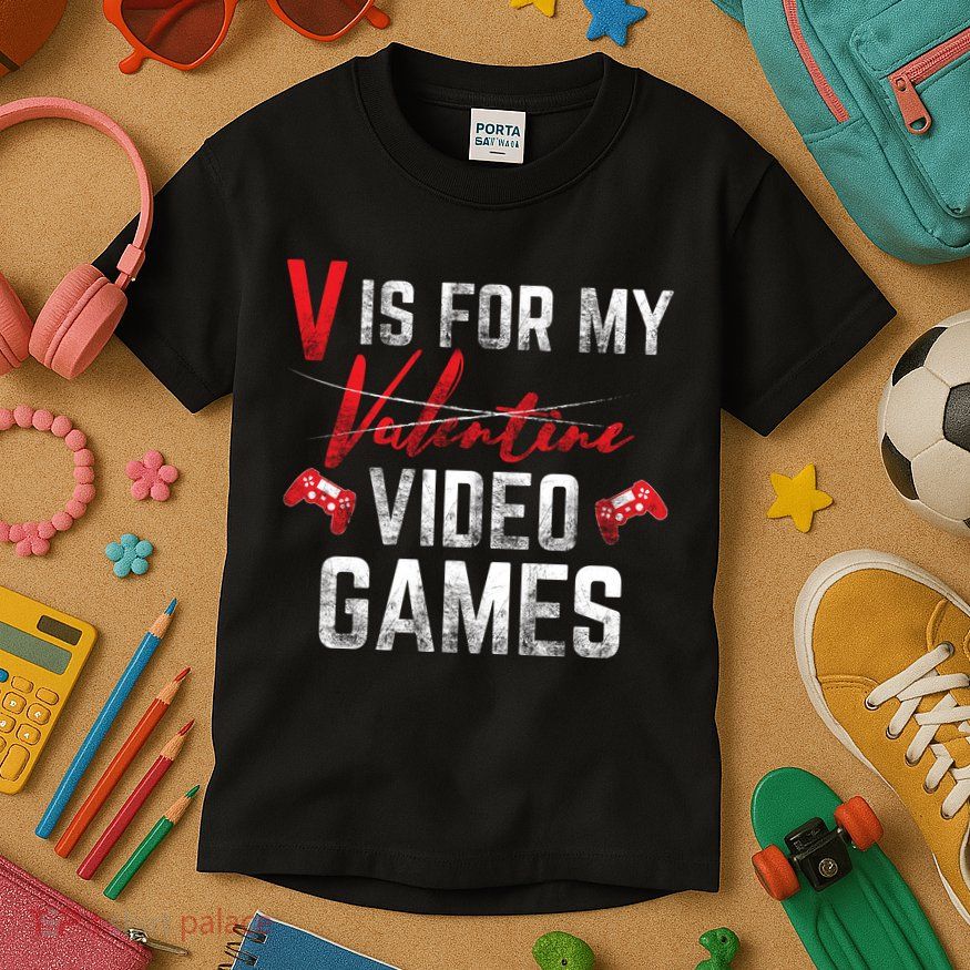 V Is For Video Games Funny Valentines Day Kids T-Shirt