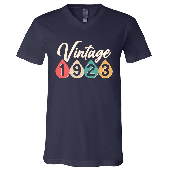 Vintage 1923 100th Birthday Retro Teardrop Design V-Neck T-Shirt