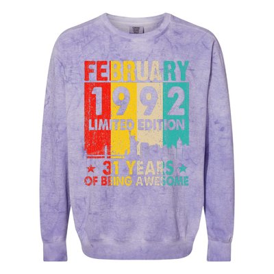 Vintage 1992 31 Yrs Old Made In February 1992 31st Birthday Colorblast Crewneck Sweatshirt