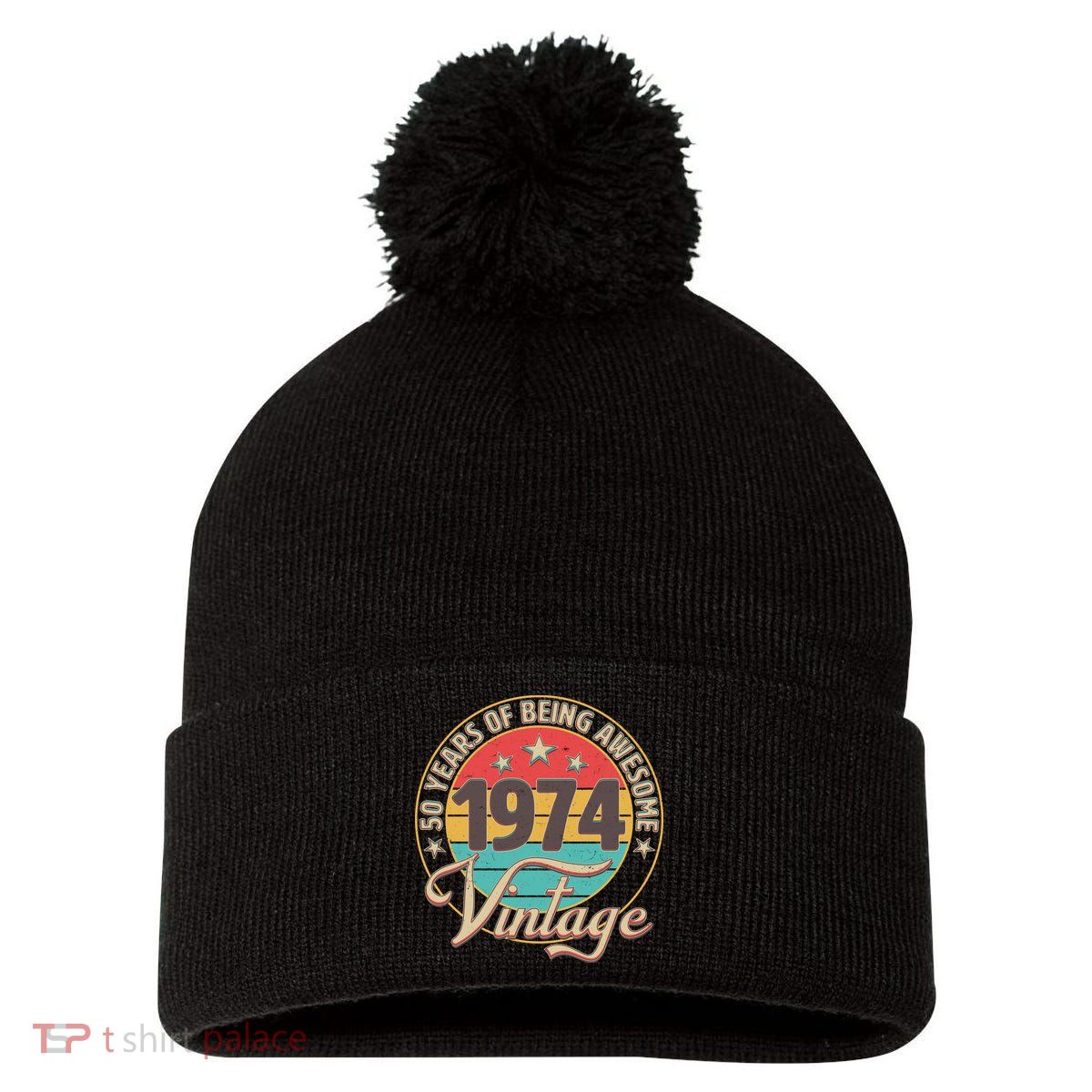 Vintage 1974 50 Years Of Being Awesome Pom Pom 12in Knit Beanie