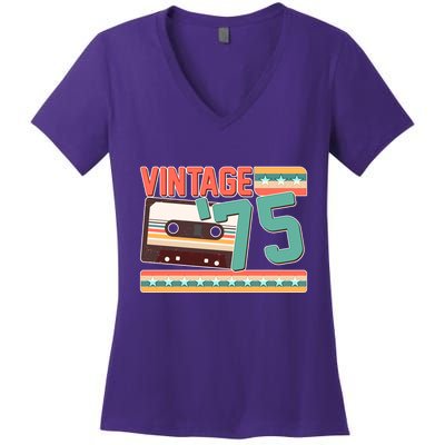 Vintage 1975 50th Birthday Cassette Tape Women's V-Neck T-Shirt