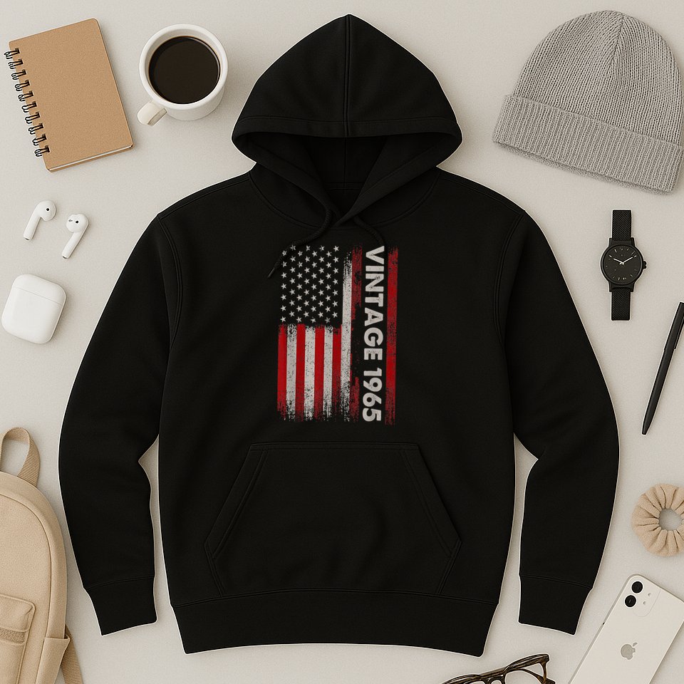 Vintage 1965 60th Birthday 60 Years Old American Flag Hoodie