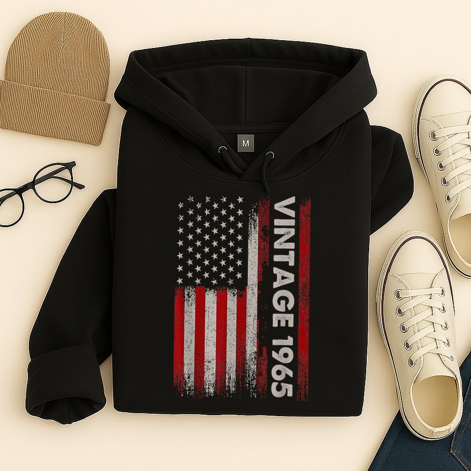 Vintage 1965 60th Birthday 60 Years Old American Flag Hoodie