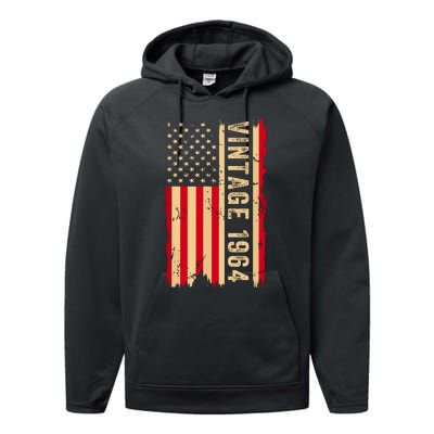 Vintage 1964 60th Birthday Gifts 60 Years Old American Flag Performance Fleece Hoodie