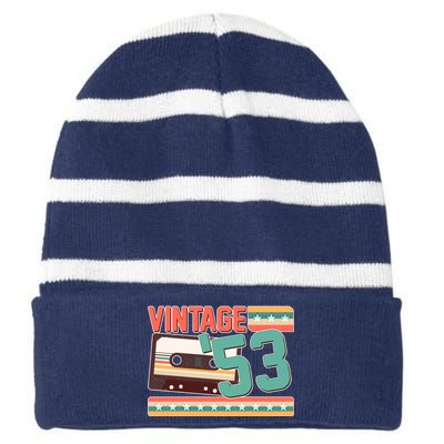 Vintage 1953 70th Birthday Cassette Tape Striped Beanie with Solid Band