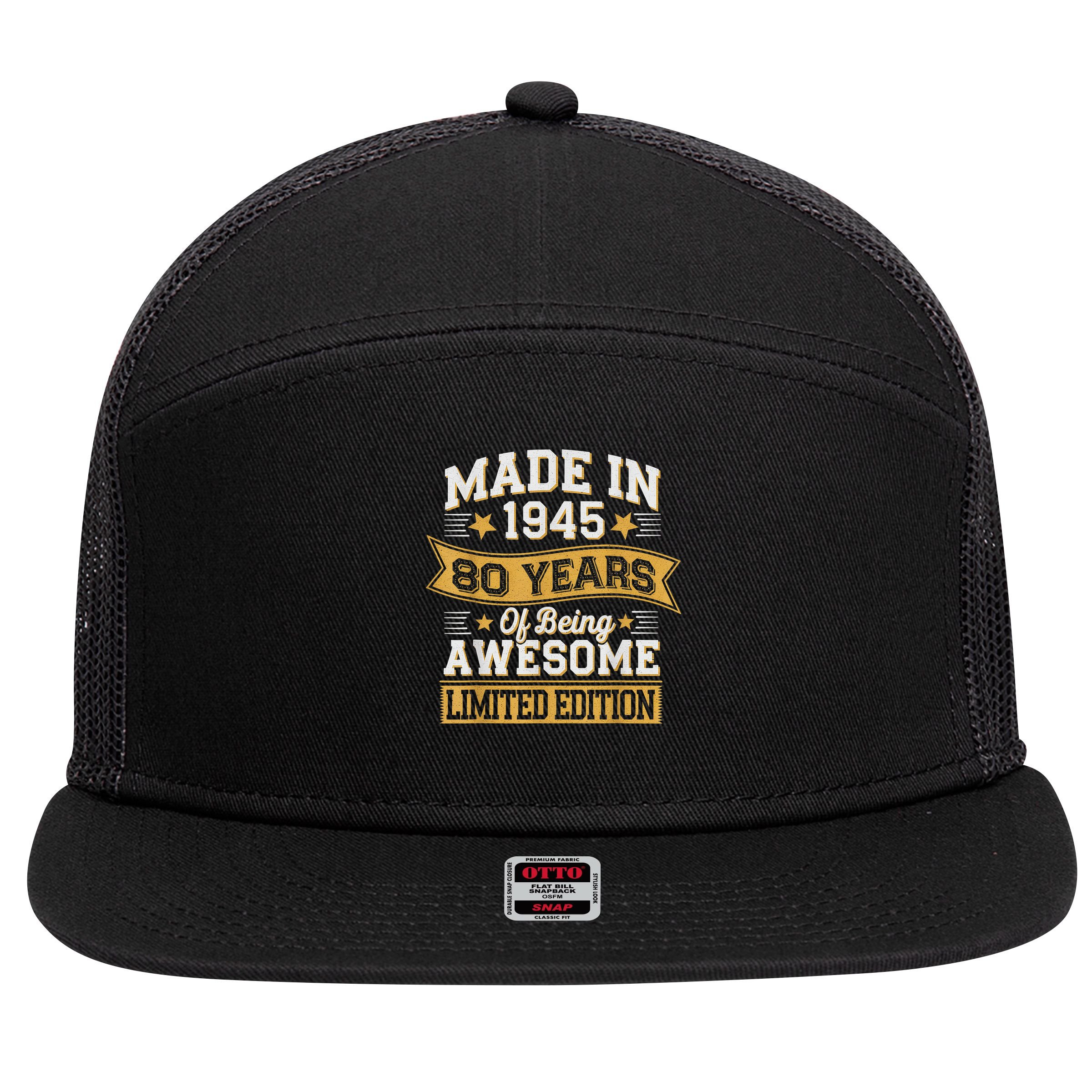 Vintage 1945 80th Birthday 80 Year Old 7 Panel Mesh Trucker Snapback Hat