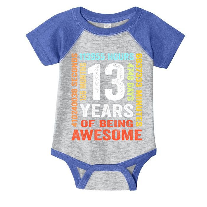 Vintage 13th Birthday Shirt Gift 13 Years Old Being Awesome Infant Baby Jersey Bodysuit