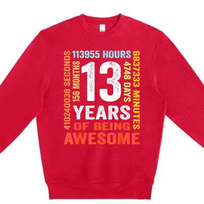 Vintage 13th Birthday Shirt Gift 13 Years Old Being Awesome Premium Crewneck Sweatshirt