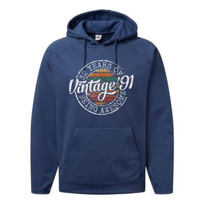 Vintage 1991 Bday Stamp 32nd Birthday Gifts 32 Year Old Performance Fleece Hoodie