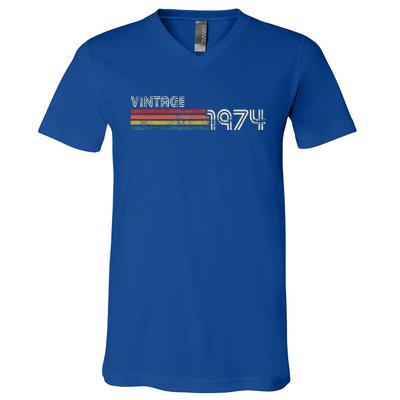 Vintage 1974 Chest Stripe Birthday V-Neck T-Shirt