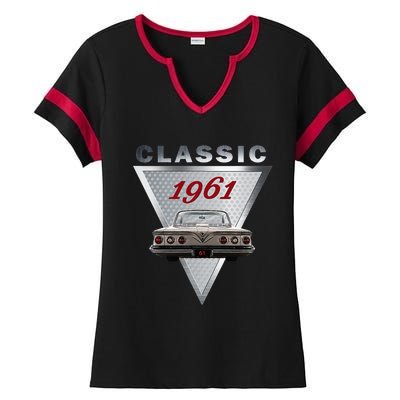 Vintage 1961 Classic Car Art Triple Tail Lights 60s Cars Ladies Halftime Notch Neck Tee