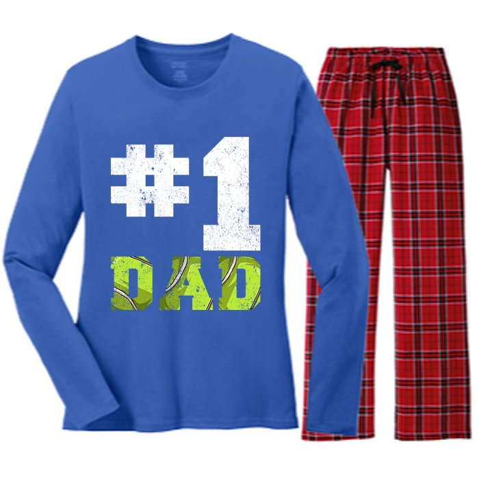 Vintage #1 Dad Number One Tennis Dad Fathers Day Gift Women's Long Sleeve Flannel Pajama Set 