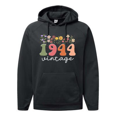 Vintage 1944 Flower 80th Birthday 80 Years Old Performance Fleece Hoodie