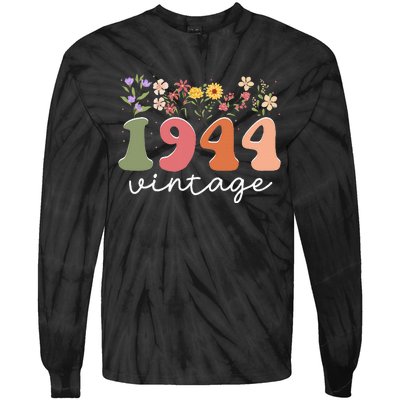 Vintage 1944 Flower 80th Birthday 80 Years Old Tie-Dye Long Sleeve Shirt