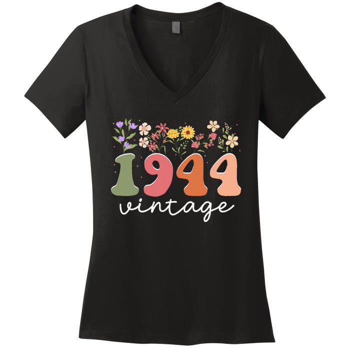 Vintage 1944 Flower 80th Birthday 80 Years Old Women's V-Neck T-Shirt