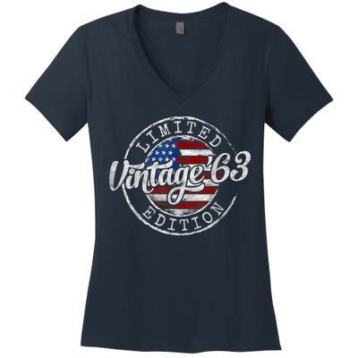 Vintage 1963 Flag Stamp 60th Birthday Gifts 60 Year Old Women's V-Neck T-Shirt