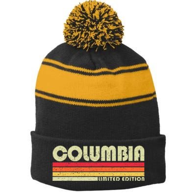 Vintage 1980s Graphic Style Columbia Tennessee Stripe Pom Pom Beanie