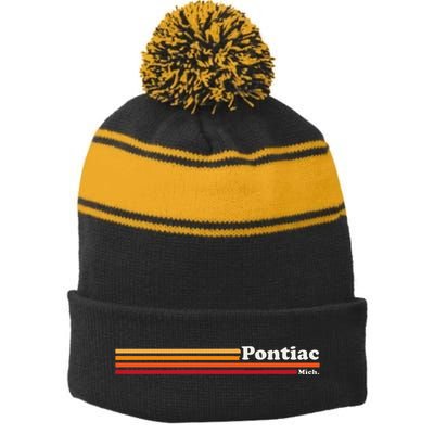 Vintage 1980s Graphic Style Pontiac Michigan Stripe Pom Pom Beanie