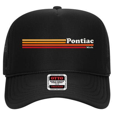 Vintage 1980s Graphic Style Pontiac Michigan High Crown Mesh Back Trucker Hat