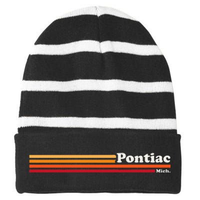 Vintage 1980s Graphic Style Pontiac Michigan Striped Beanie with Solid Band