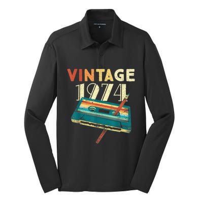 Vintage 1974 Music Cassette 49th Birthday Present Gifts 49 Years Old Silk Touch Performance Long Sleeve Polo