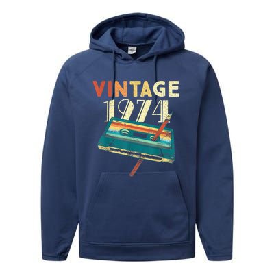 Vintage 1974 Music Cassette 49th Birthday Present Gifts 49 Years Old Performance Fleece Hoodie