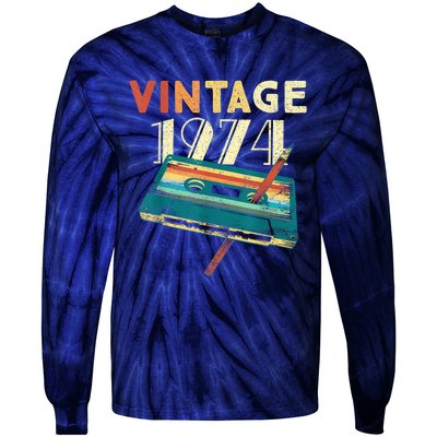 Vintage 1974 Music Cassette 49th Birthday Present Gifts 49 Years Old Tie-Dye Long Sleeve Shirt