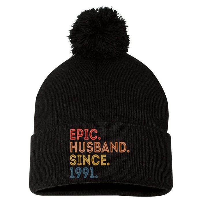 Vintage 32-Year Wedding Anniversary Epic Husband Since 1991 Pom Pom 12in Knit Beanie