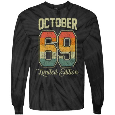 Vintage 52nd Birthday October 1969 Sports Jersey Tie-Dye Long Sleeve Shirt