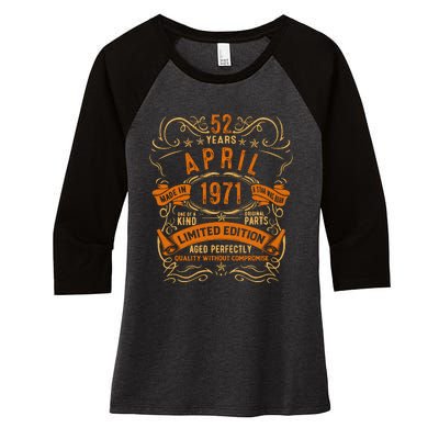 Vintage 52th Birthday April 1971 Birthday Women's Tri-Blend 3/4-Sleeve Raglan Shirt