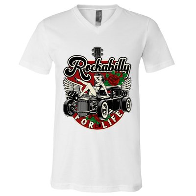 Vintage 50s Rnr Design Rockabilly For Life V-Neck T-Shirt