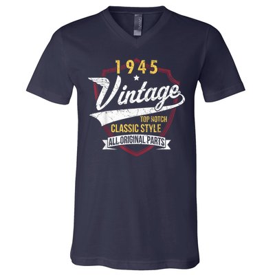 Vintage 80 Birthday Decorations 80yr 1945 80th Birthday V-Neck T-Shirt