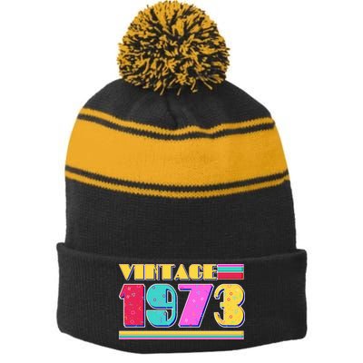 Vintage 80's Colors 1973 50th Birthday Stripe Pom Pom Beanie