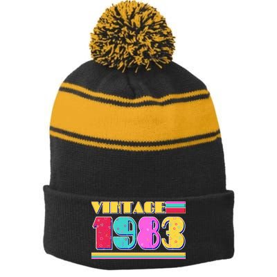 Vintage 80's Colors 1983 40th Birthday Stripe Pom Pom Beanie