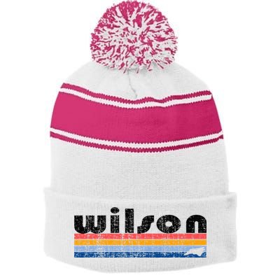 Vintage 80s Style Wilson Nc Stripe Pom Pom Beanie