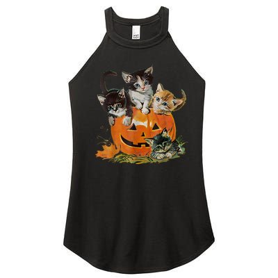 Vintage 90s Cat Pumpkin Halloween Retro Floral Spooky Season Women’s Perfect Tri Rocker Tank