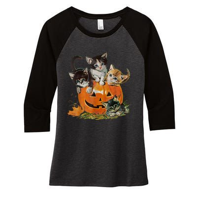 Vintage 90s Cat Pumpkin Halloween Retro Floral Spooky Season Women's Tri-Blend 3/4-Sleeve Raglan Shirt