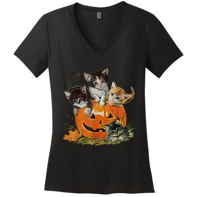 Vintage 90s Cat Pumpkin Halloween Retro Floral Spooky Season Women's V-Neck T-Shirt