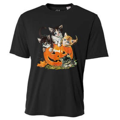 Vintage 90s Cat Pumpkin Halloween Retro Floral Spooky Season Cooling Performance Crew T-Shirt