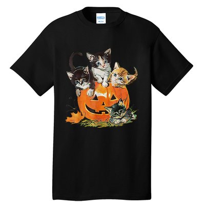 Vintage 90s Cat Pumpkin Halloween Retro Floral Spooky Season Tall T-Shirt