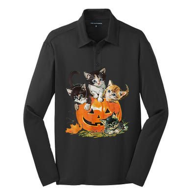 Vintage 90s Cat Pumpkin Halloween Retro Floral Spooky Season Silk Touch Performance Long Sleeve Polo