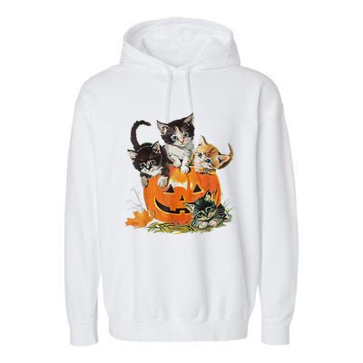 Vintage 90s Cat Pumpkin Halloween Retro Floral Spooky Season Garment-Dyed Fleece Hoodie