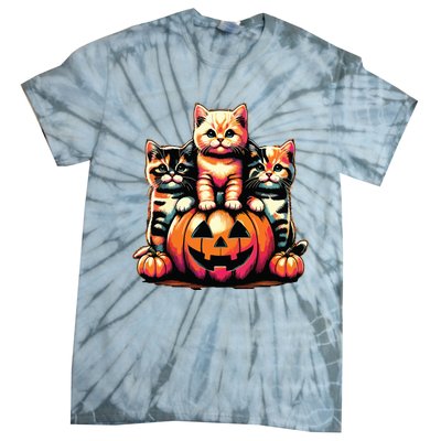 Vintage 90s Cats Kittens Pumpkin Halloween Spooky Season Tie-Dye T-Shirt