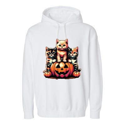 Vintage 90s Cats Kittens Pumpkin Halloween Spooky Season Garment-Dyed Fleece Hoodie