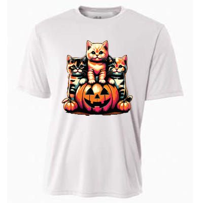 Vintage 90s Cats Kittens Pumpkin Halloween Spooky Season Cooling Performance Crew T-Shirt