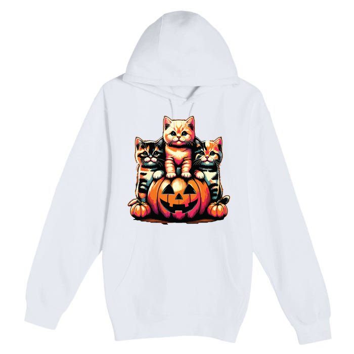 Vintage 90s Cats Kittens Pumpkin Halloween Spooky Season Premium Pullover Hoodie