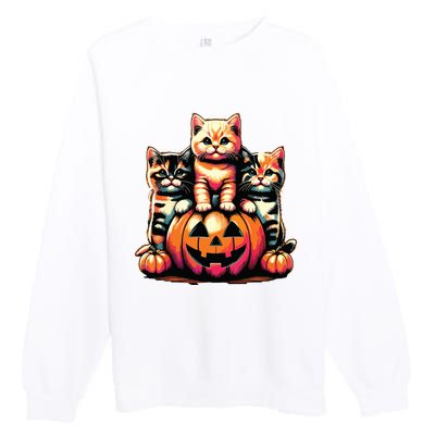 Vintage 90s Cats Kittens Pumpkin Halloween Spooky Season Premium Crewneck Sweatshirt