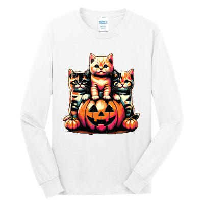 Vintage 90s Cats Kittens Pumpkin Halloween Spooky Season Tall Long Sleeve T-Shirt