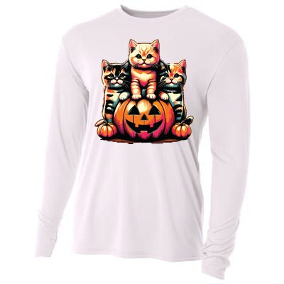 Vintage 90s Cats Kittens Pumpkin Halloween Spooky Season Cooling Performance Long Sleeve Crew