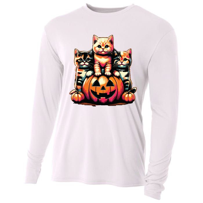 Vintage 90s Cats Kittens Pumpkin Halloween Spooky Season Cooling Performance Long Sleeve Crew